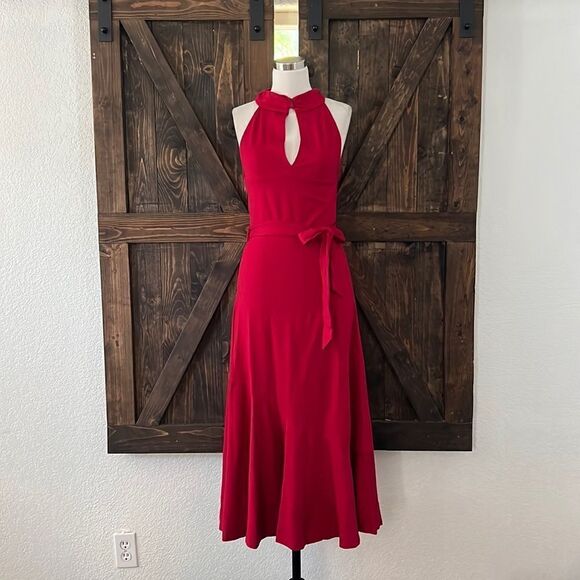 JASAMBAC Elegant Criss Cross Halter Neck Ruffle Hem Belted Bodycon Dress - Picture 5 of 14